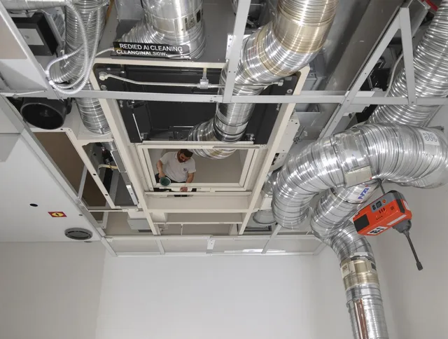 North Smithfield Air Duct Cleaning technician performing detailed central duct system cleaning in North Smithfield